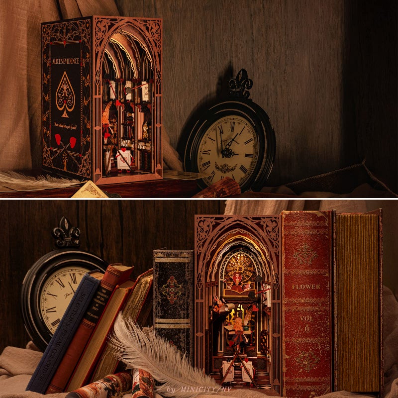 MiniCity DIY Book Nook Kit for Adults, 3D Wooden Puzzle Bookend Bookshelf Insert Decor with LED Light and Dust Cover (Alice in Wonderland) - Image 5