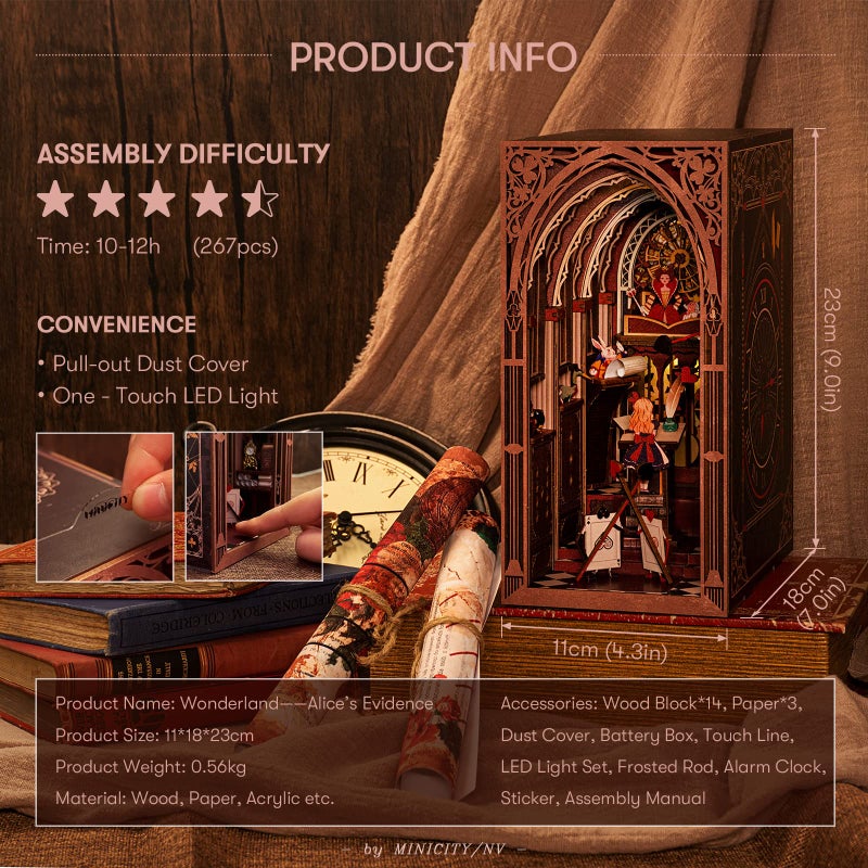 MiniCity DIY Book Nook Kit for Adults, 3D Wooden Puzzle Bookend Bookshelf Insert Decor with LED Light and Dust Cover (Alice in Wonderland) - Image 2
