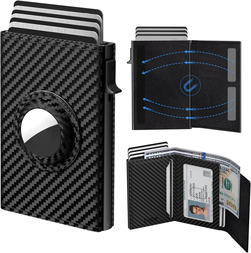 KASTWAVE Mens Smart Wallet Card Holder for AirTag - Leather Secure Holder for Apple Air Tag, RFID Blocking, Smart, Slim, Minimalist, Carbon Fiber - 9-14 Card Capacity | ID Window | Cash Slot - Image 1