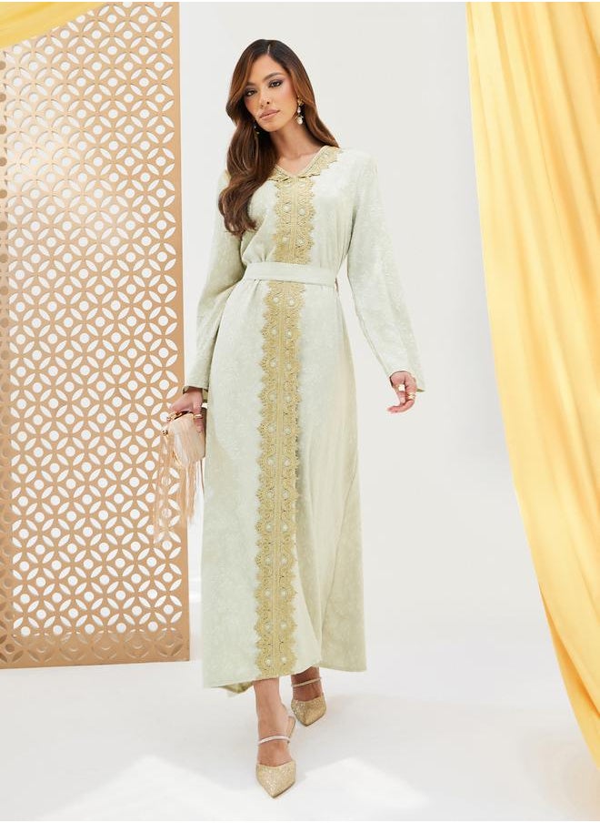 Styli Jacquard V Neck Kaftan with Lace Detail  - Image 1