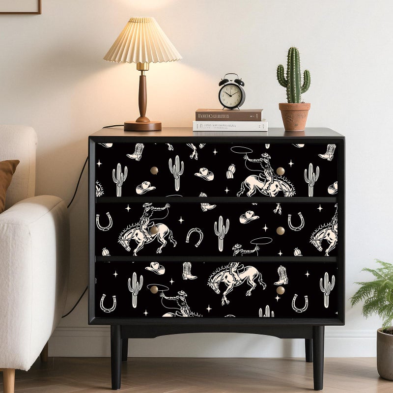 Stickyart Vintage Western Cowboy Wallpaper Peel and Stick Cactus Horseshoe Stars Cowboy Rodeo Wallpaper Self Adhesive Black Beige Western-Themed Contact Paper Removable for Nursery Cabinet 17.5"x80" - Image 4
