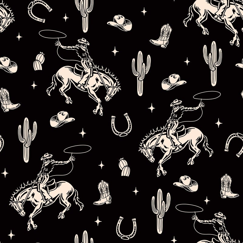 Stickyart Vintage Western Cowboy Wallpaper Peel and Stick Cactus Horseshoe Stars Cowboy Rodeo Wallpaper Self Adhesive Black Beige Western-Themed Contact Paper Removable for Nursery Cabinet 17.5"x80" - Image 1