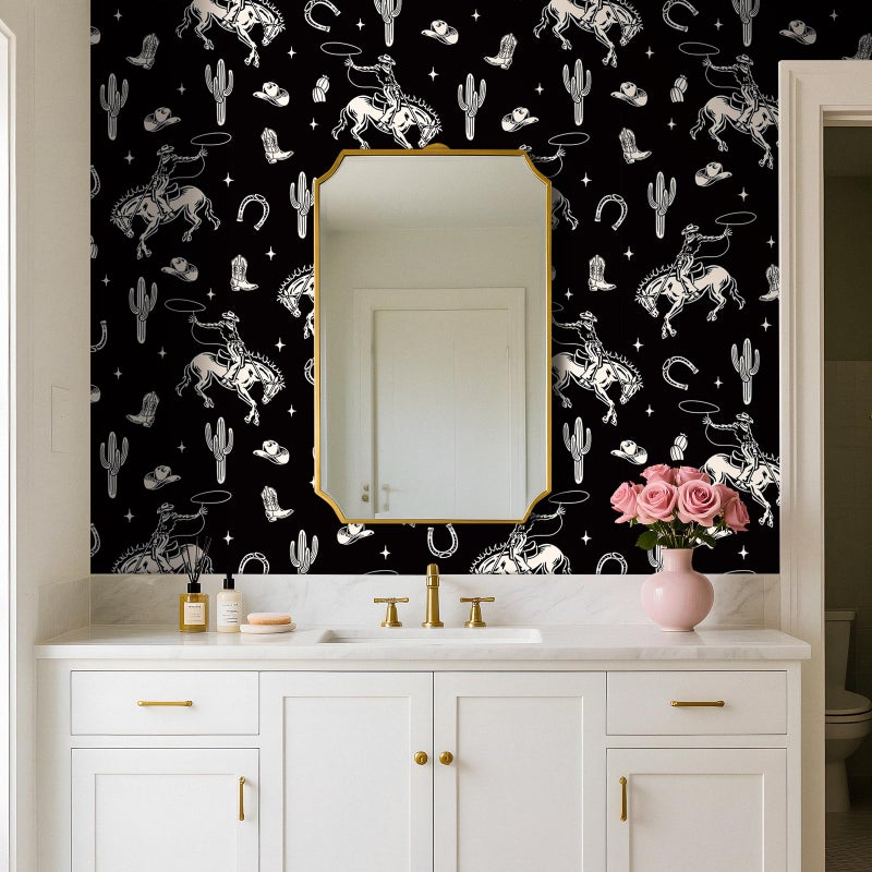 Stickyart Vintage Western Cowboy Wallpaper Peel and Stick Cactus Horseshoe Stars Cowboy Rodeo Wallpaper Self Adhesive Black Beige Western-Themed Contact Paper Removable for Nursery Cabinet 17.5"x80" - Image 5