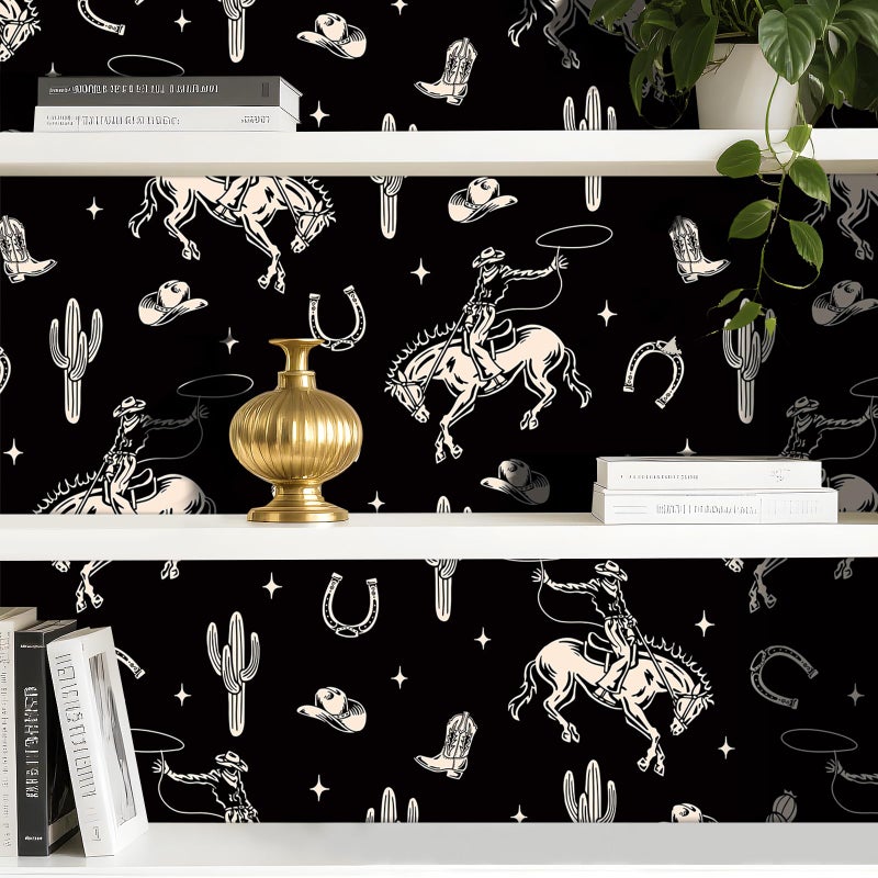 Stickyart Vintage Western Cowboy Wallpaper Peel and Stick Cactus Horseshoe Stars Cowboy Rodeo Wallpaper Self Adhesive Black Beige Western-Themed Contact Paper Removable for Nursery Cabinet 17.5"x80" - Image 2