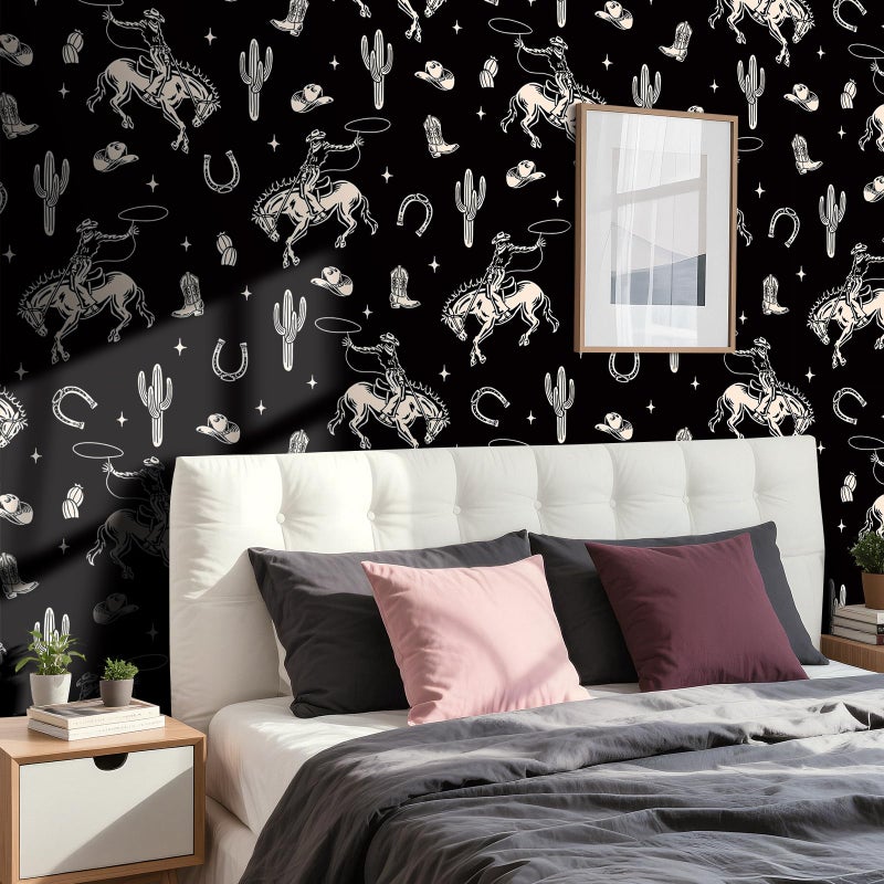 Stickyart Vintage Western Cowboy Wallpaper Peel and Stick Cactus Horseshoe Stars Cowboy Rodeo Wallpaper Self Adhesive Black Beige Western-Themed Contact Paper Removable for Nursery Cabinet 17.5"x80" - Image 3