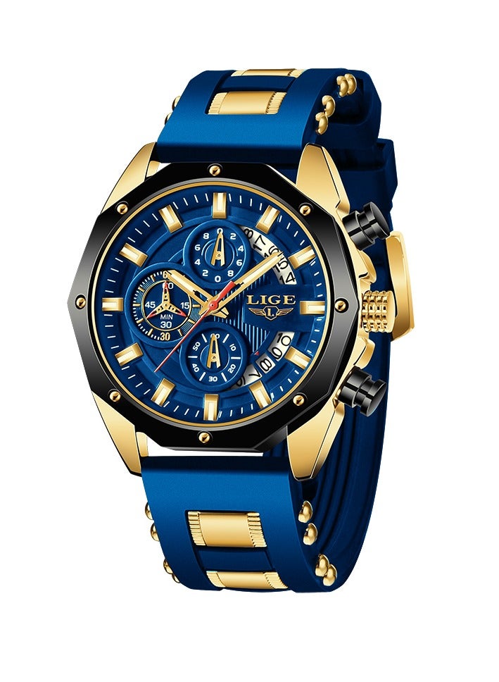 LIGE Latest Elegant Wrist Watches for Men Stylish Chronograph Waterproof Sports Watch with Auto Calendar Gold Blue  - Image 1