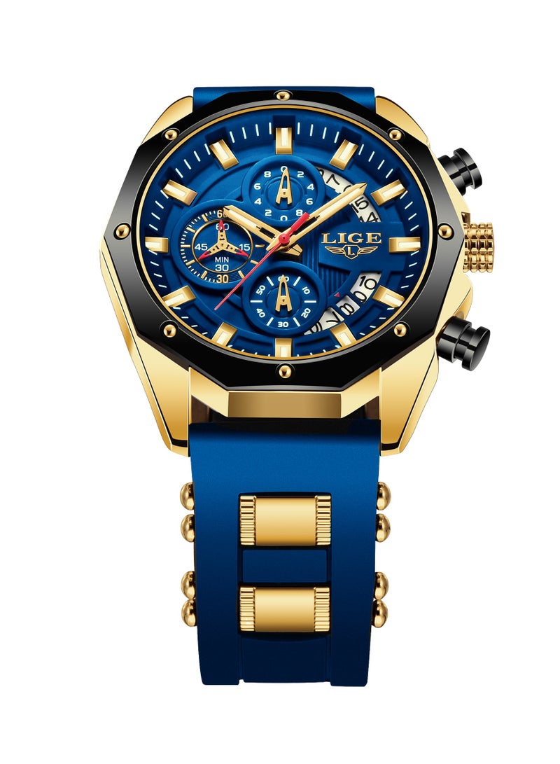 LIGE Latest Elegant Wrist Watches for Men Stylish Chronograph Waterproof Sports Watch with Auto Calendar Gold Blue  - Image 2
