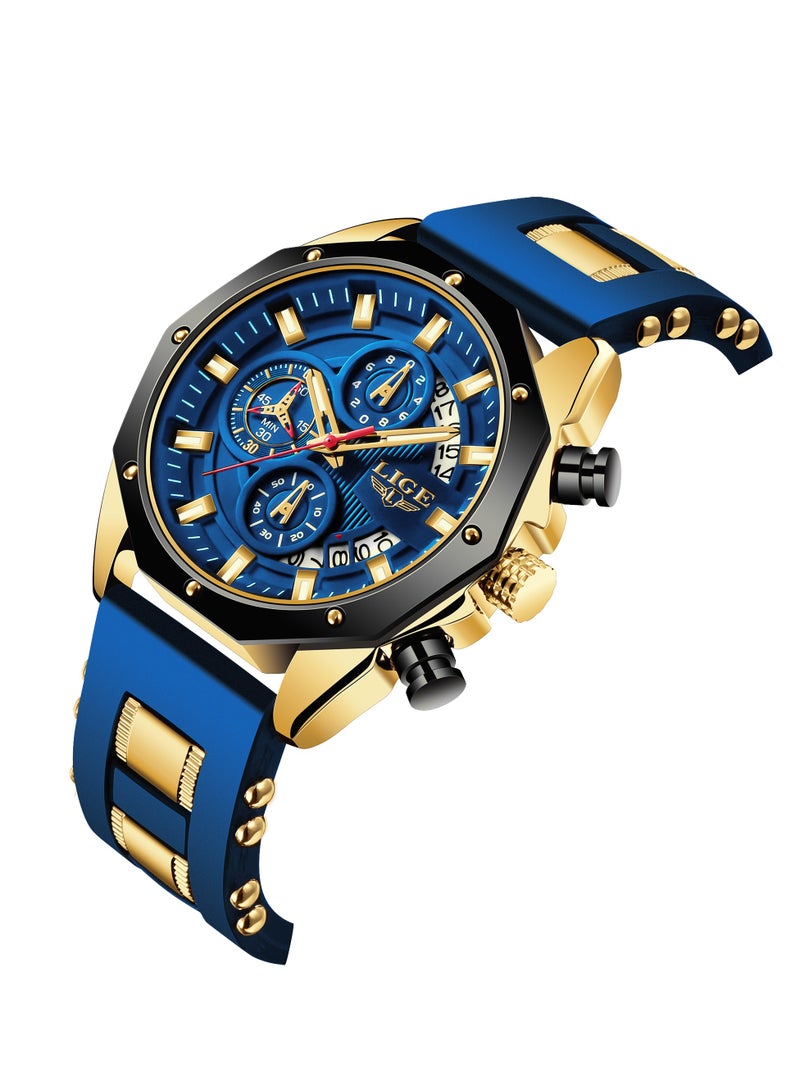 LIGE Latest Elegant Wrist Watches for Men Stylish Chronograph Waterproof Sports Watch with Auto Calendar Gold Blue  - Image 3