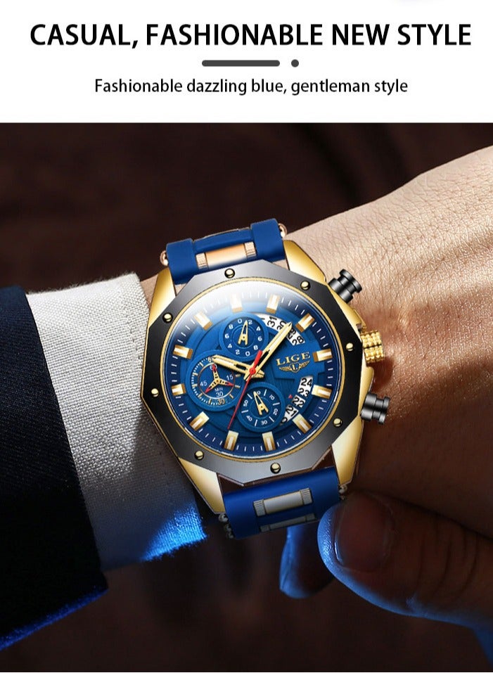 LIGE Latest Elegant Wrist Watches for Men Stylish Chronograph Waterproof Sports Watch with Auto Calendar Gold Blue  - Image 4