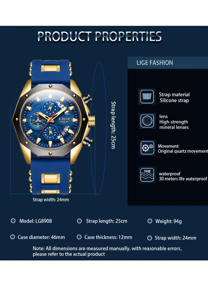 LIGE Latest Elegant Wrist Watches for Men Stylish Chronograph Waterproof Sports Watch with Auto Calendar Gold Blue  - Image 5