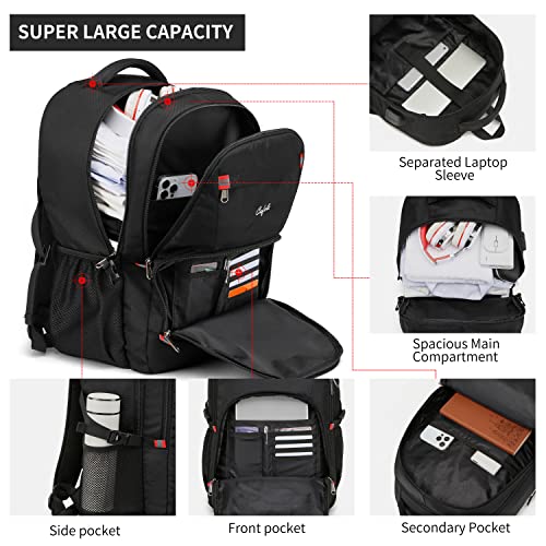 CAFELE 17.3 inch Laptop Backpack,Large Backpack Computer Bookbag Rucksack with USB Charging Port,Water Resistant Sturdy Backpack for Business College School Travel,Men Women Casual Daypack,Black - Image 2