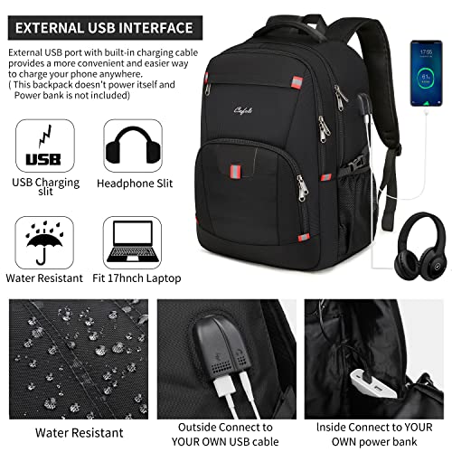 CAFELE 17.3 inch Laptop Backpack,Large Backpack Computer Bookbag Rucksack with USB Charging Port,Water Resistant Sturdy Backpack for Business College School Travel,Men Women Casual Daypack,Black - Image 3