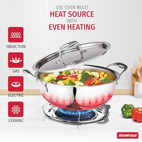 Storehaus Triply Stainless Steel Non Stick Kadai Honeycomb Surface with Lid, 2.5 L, 24 cm, Ideal for Curry/StirFry/DeepFry, Broad Hold Handles, Spatula Friendly, Induction & Gas Safe, 2 Years Warranty - Image 3