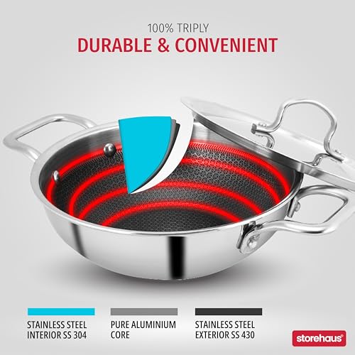 Storehaus Triply Stainless Steel Non Stick Kadai Honeycomb Surface with Lid, 2.5 L, 24 cm, Ideal for Curry/StirFry/DeepFry, Broad Hold Handles, Spatula Friendly, Induction & Gas Safe, 2 Years Warranty - Image 2