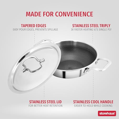 Storehaus Triply Stainless Steel Non Stick Kadai Honeycomb Surface with Lid, 2.5 L, 24 cm, Ideal for Curry/StirFry/DeepFry, Broad Hold Handles, Spatula Friendly, Induction & Gas Safe, 2 Years Warranty - Image 4