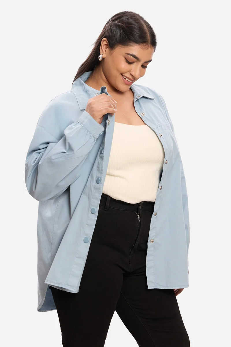 Virgio Solid Cotton Washed Utility Plus Size Shirt for Women