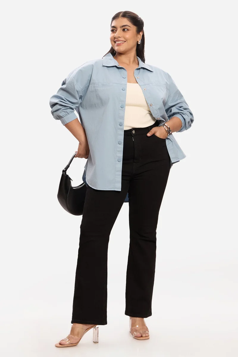 Virgio Solid Cotton Washed Utility Plus Size Shirt for Women