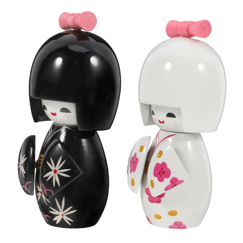 Traditional Japanese Kimono Kabuki Dolls Set 2 Pieces Large Wooden Statues Home Desk Decoration - Image 2