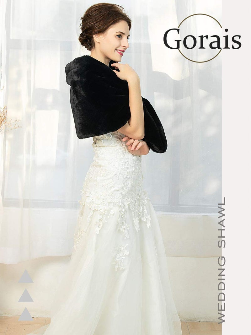 GORAIS Women's Wedding Faux Fur Shawls and Wraps Bridal Fur Scarf Stoles with Brooch for Bride and Bridesmaids (US 4-14(S-M), C Black) - Image 4