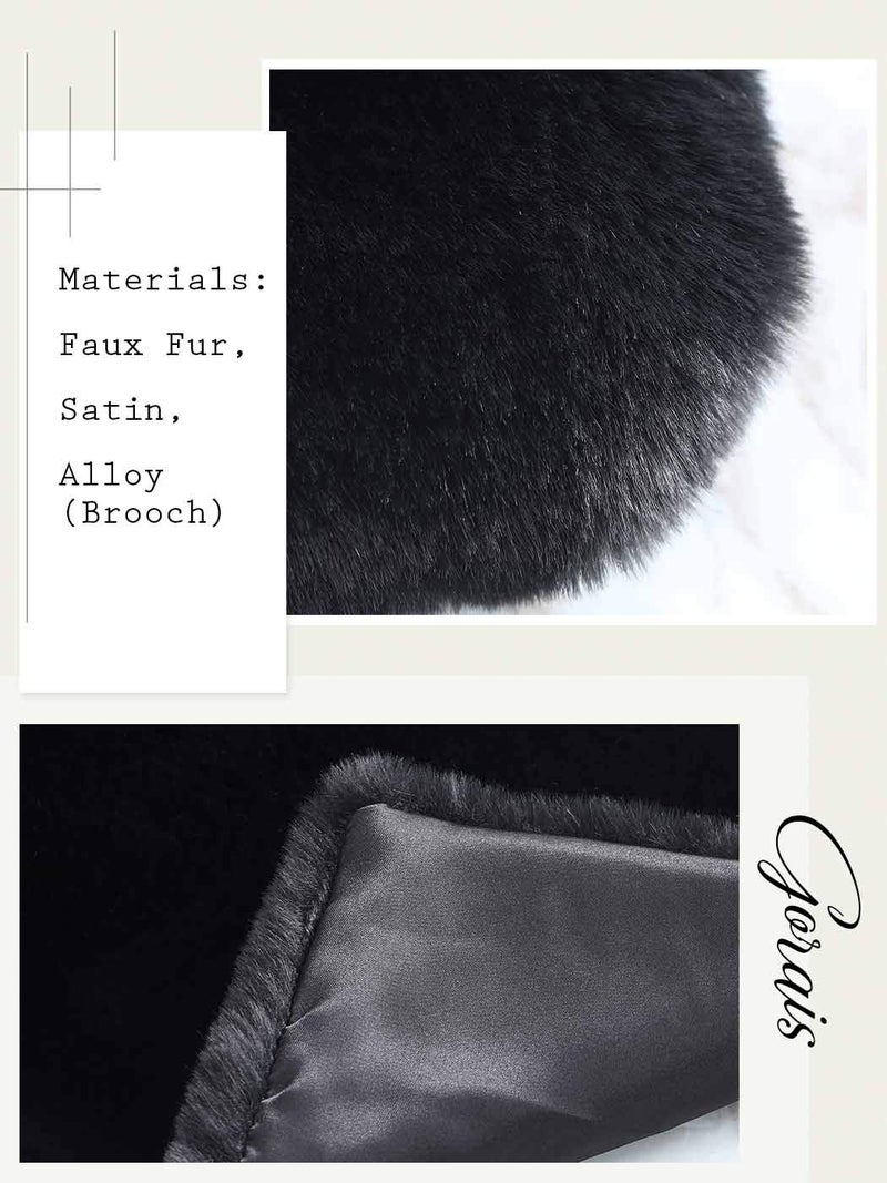 GORAIS Women's Wedding Faux Fur Shawls and Wraps Bridal Fur Scarf Stoles with Brooch for Bride and Bridesmaids (US 4-14(S-M), C Black) - Image 3