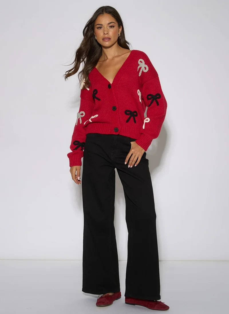 Gini London Red 3D Bow Long Sleeve Knit Cardigan