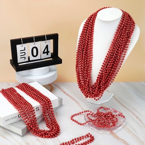 ZYFLSQ 100 Pcs 33" 7mm Metallic Red Mardi Gras Beads Necklaces Bulk, Valentine Beaded Necklaces, Party Beads for Carnival Valentines Patriotic Day Christmas Party Favors Decorations (Red) - Image 5