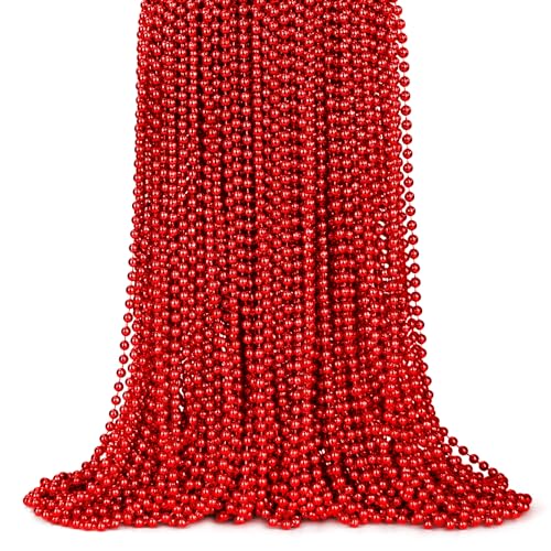 ZYFLSQ 100 Pcs 33" 7mm Metallic Red Mardi Gras Beads Necklaces Bulk, Valentine Beaded Necklaces, Party Beads for Carnival Valentines Patriotic Day Christmas Party Favors Decorations (Red) - Image 1