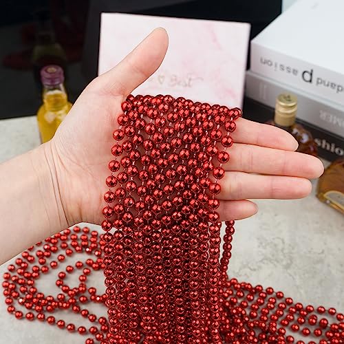 ZYFLSQ 100 Pcs 33" 7mm Metallic Red Mardi Gras Beads Necklaces Bulk, Valentine Beaded Necklaces, Party Beads for Carnival Valentines Patriotic Day Christmas Party Favors Decorations (Red) - Image 3
