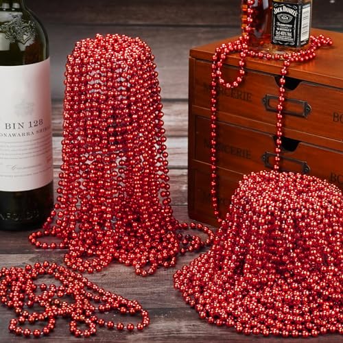 ZYFLSQ 100 Pcs 33" 7mm Metallic Red Mardi Gras Beads Necklaces Bulk, Valentine Beaded Necklaces, Party Beads for Carnival Valentines Patriotic Day Christmas Party Favors Decorations (Red) - Image 4