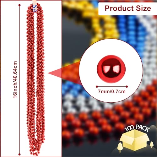 ZYFLSQ 100 Pcs 33" 7mm Metallic Red Mardi Gras Beads Necklaces Bulk, Valentine Beaded Necklaces, Party Beads for Carnival Valentines Patriotic Day Christmas Party Favors Decorations (Red) - Image 2