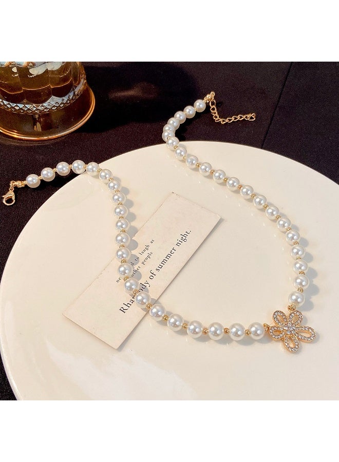 NIBEMINENT Korean Stylish New Pearl and Rhinestone Flower Necklace