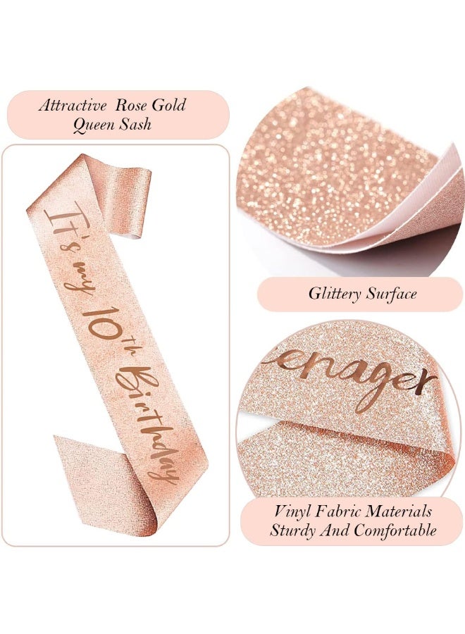 10th Birthday Decorations for Girls, Including 10 year old Birthday Cake Topper, Birthday Queen Sash with Pearl Pin, Sweet Rhinestone Tiara Crown, Number Candles and Balloons Set, Rose Gold - Image 4