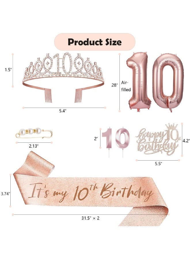 10th Birthday Decorations for Girls, Including 10 year old Birthday Cake Topper, Birthday Queen Sash with Pearl Pin, Sweet Rhinestone Tiara Crown, Number Candles and Balloons Set, Rose Gold - Image 2