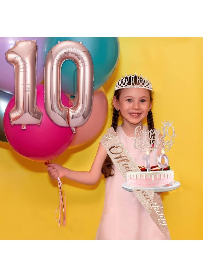 10th Birthday Decorations for Girls, Including 10 year old Birthday Cake Topper, Birthday Queen Sash with Pearl Pin, Sweet Rhinestone Tiara Crown, Number Candles and Balloons Set, Rose Gold - Image 5