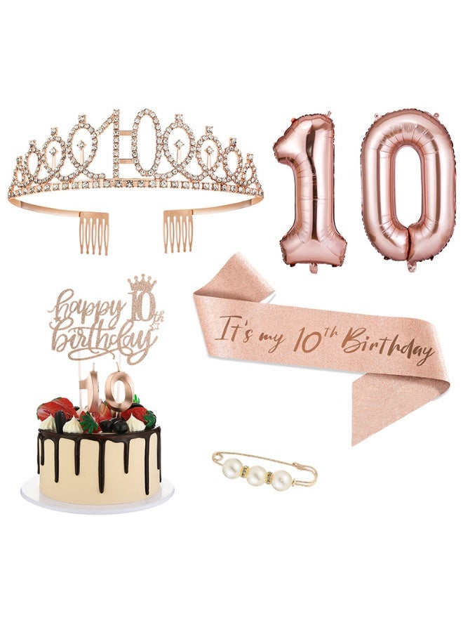 10th Birthday Decorations for Girls, Including 10 year old Birthday Cake Topper, Birthday Queen Sash with Pearl Pin, Sweet Rhinestone Tiara Crown, Number Candles and Balloons Set, Rose Gold - Image 1