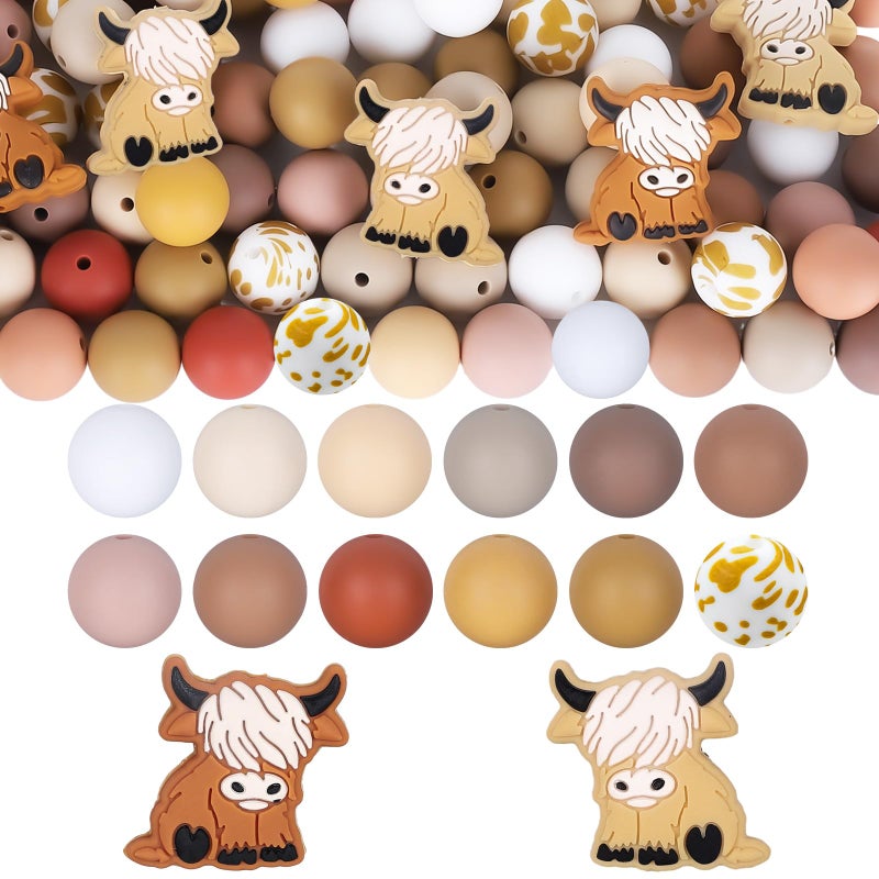 Whaline 100Pcs Highland Cow Focal Silicone Beads Animal Shaped Beads Brown White Loose Cow Printed Bead Colorful Flat Round Spacer Beads for Making Pen DIY Crafting Necklace Bracelet Keychain