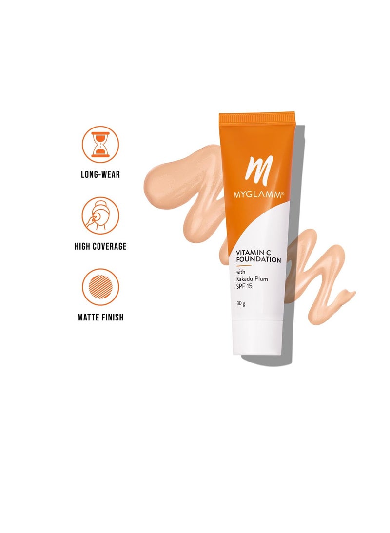 ماي جلام كريم أساس MyGlamm فيتامين C خفيف دافئ يدوم طويلاً بتغطية متوسطة إلى كاملة مع عامل حماية من الشمس SPF 15 وحمض الهيالورونيك 30 جم - Image 2