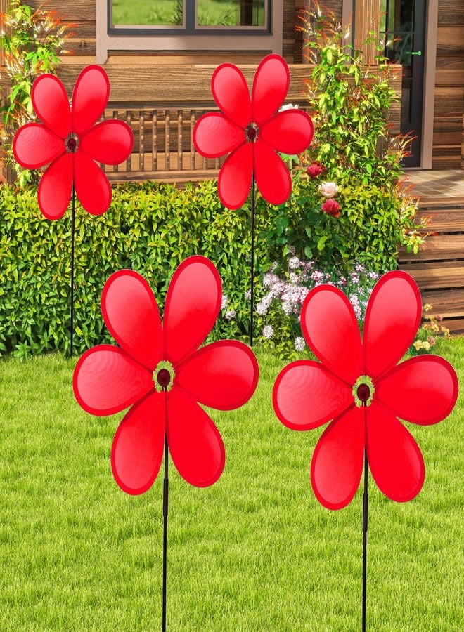 timecity 4pcs Flower Wind Spinner Red Pinwheels 11.8 inch Lawn Pinwheel Garden Windmill for Garden, Party, Outdoor, Yard Decor - Image 4