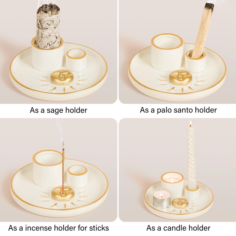 ZenBless Multifunction Incense and Candle Holder for Burning Sage, Palo Santo, Incense Sticks - 5.9" Ceramic Ash Catcher Tray for Meditation Room Home Decor Spritual Gifts(Gold Sun) - Image 2