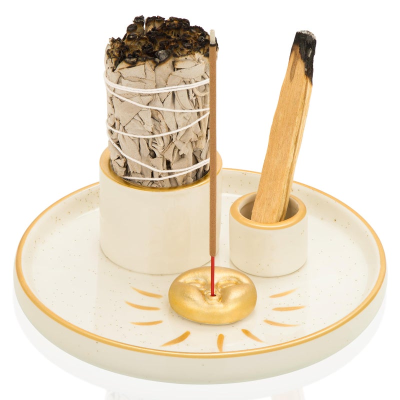 ZenBless Multifunction Incense and Candle Holder for Burning Sage, Palo Santo, Incense Sticks - 5.9" Ceramic Ash Catcher Tray for Meditation Room Home Decor Spritual Gifts(Gold Sun) - Image 1