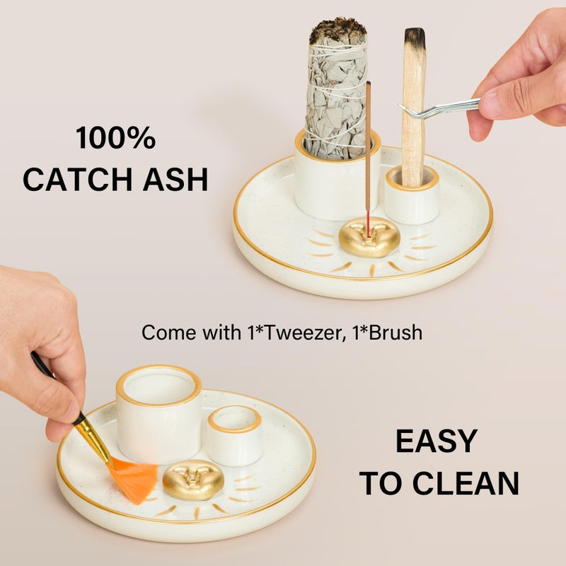 ZenBless Multifunction Incense and Candle Holder for Burning Sage, Palo Santo, Incense Sticks - 5.9" Ceramic Ash Catcher Tray for Meditation Room Home Decor Spritual Gifts(Gold Sun) - Image 3
