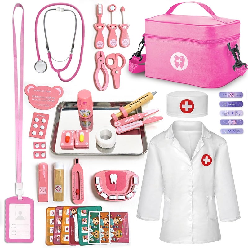 XZZO Kids Dentist Play Set, 48 Pcs Doctor Kit for Toddlers 3-5, Pretend Playset for Toddlers with Medical Bag, Stethoscope and Removable Teeth, Educational Wooden Medical Kit for Boys Girls - Image 1