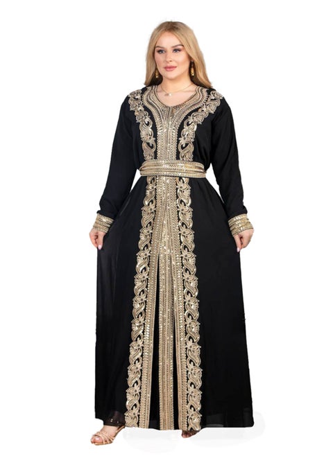 Gold abaya, chiffon fabric, lined with Lycra, one size fits up to 95 kg, from GAMAL SONS FOR ABAYA