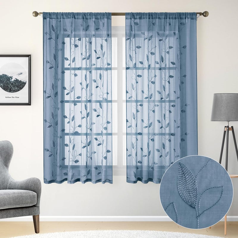 HOMEIDEAS Stone Blue Floral Sheer Curtains 63 Inches Long 2 Panels Embroidered Pattern Semi Sheer Window Curtains for Bedroom Living Room - Image 2