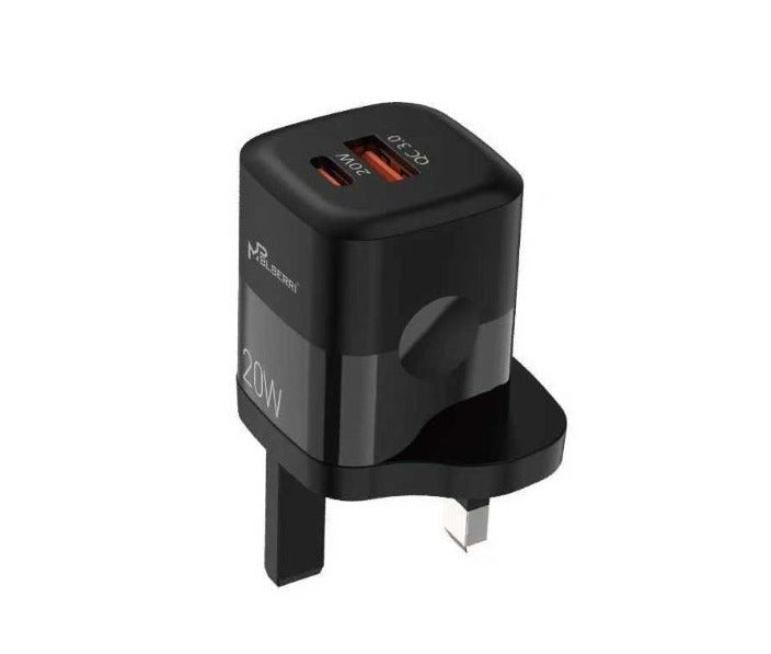 mpBLBERRI شاحن جداري سريع MPBLBERRI بقوة 20 واط بتقنية PD، مزود بمنفذ USB-C للشحن السريع بتقنية QC 3.0، ومحول صغير الحجم لأجهزة iPhone وiPad والهواتف الذكية التي تعمل بنظام Android – BLB-T130 - Image 1