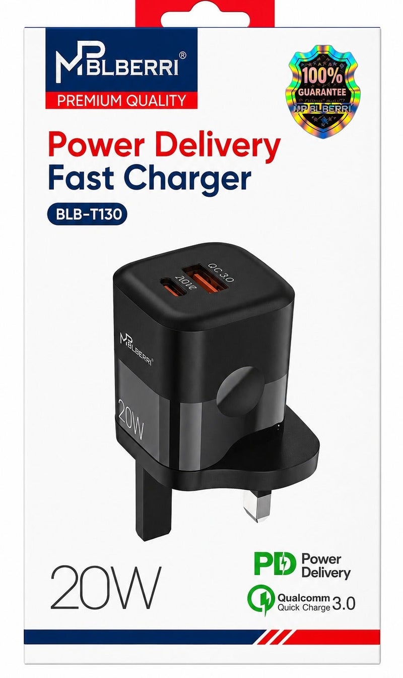 mpBLBERRI شاحن جداري سريع MPBLBERRI بقوة 20 واط بتقنية PD، مزود بمنفذ USB-C للشحن السريع بتقنية QC 3.0، ومحول صغير الحجم لأجهزة iPhone وiPad والهواتف الذكية التي تعمل بنظام Android – BLB-T130 - Image 2