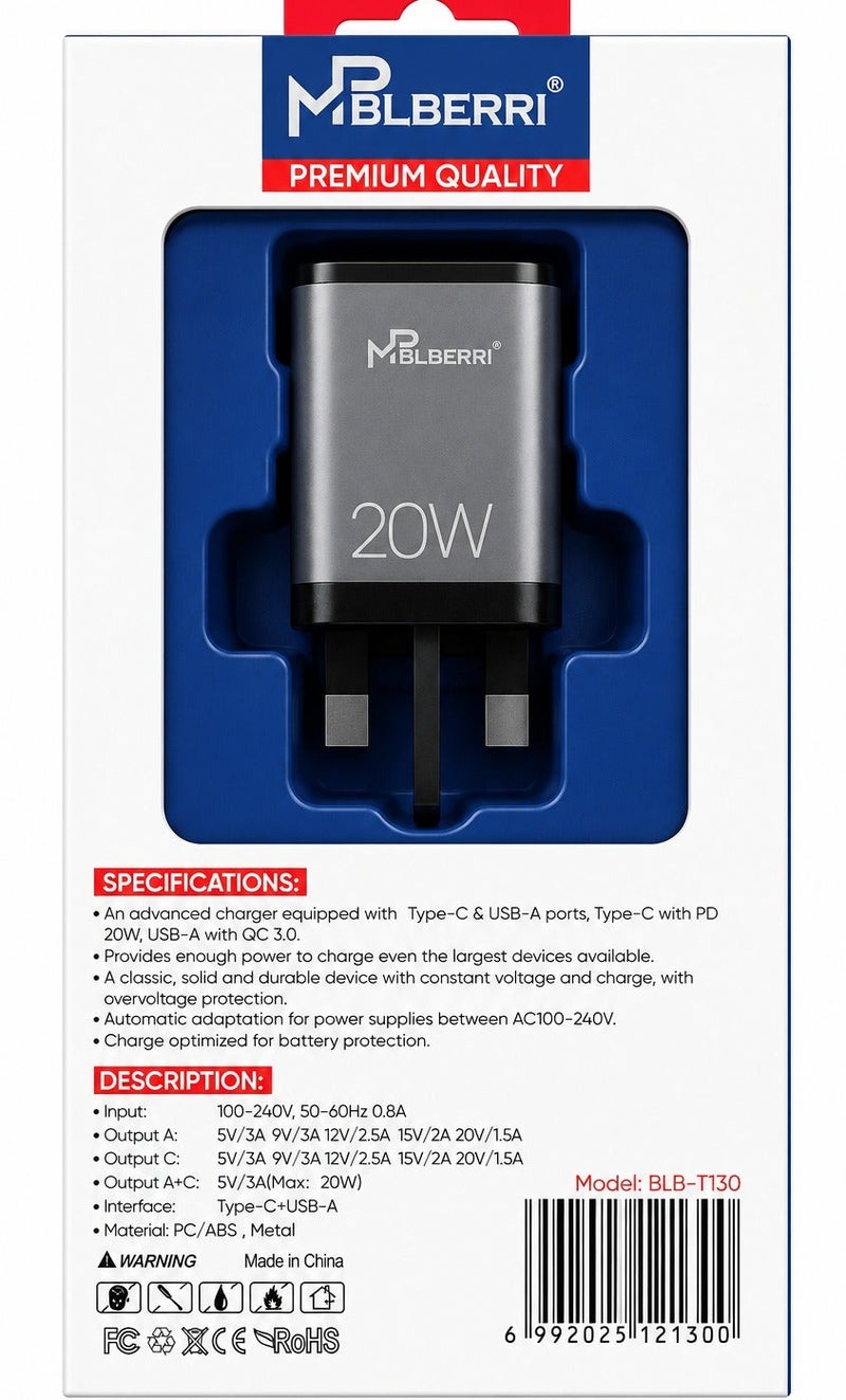 mpBLBERRI شاحن جداري سريع MPBLBERRI بقوة 20 واط بتقنية PD، مزود بمنفذ USB-C للشحن السريع بتقنية QC 3.0، ومحول صغير الحجم لأجهزة iPhone وiPad والهواتف الذكية التي تعمل بنظام Android – BLB-T130 - Image 3