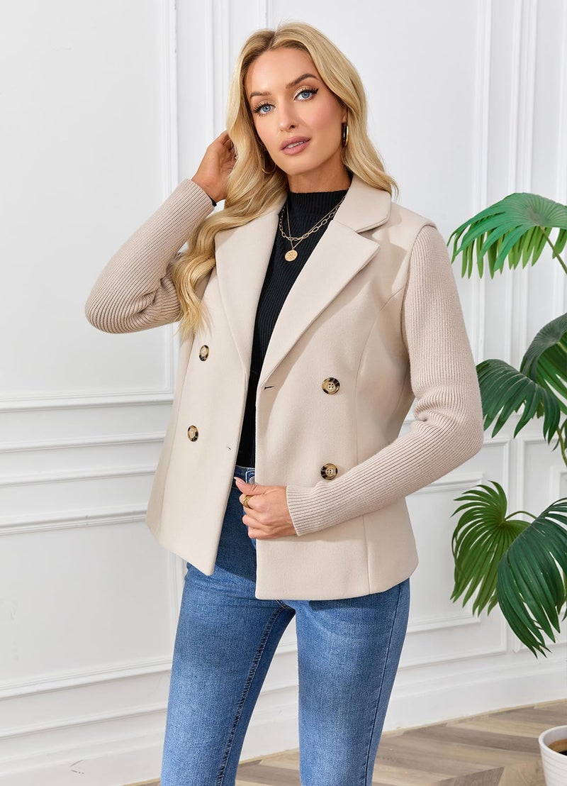 ebossy Women's Double Breasted Wool Pea Coat Notched Lapel Ribbed Knit Long Sleeve Sweater Short Blazer Jacket (M, Apricot) - Image 3