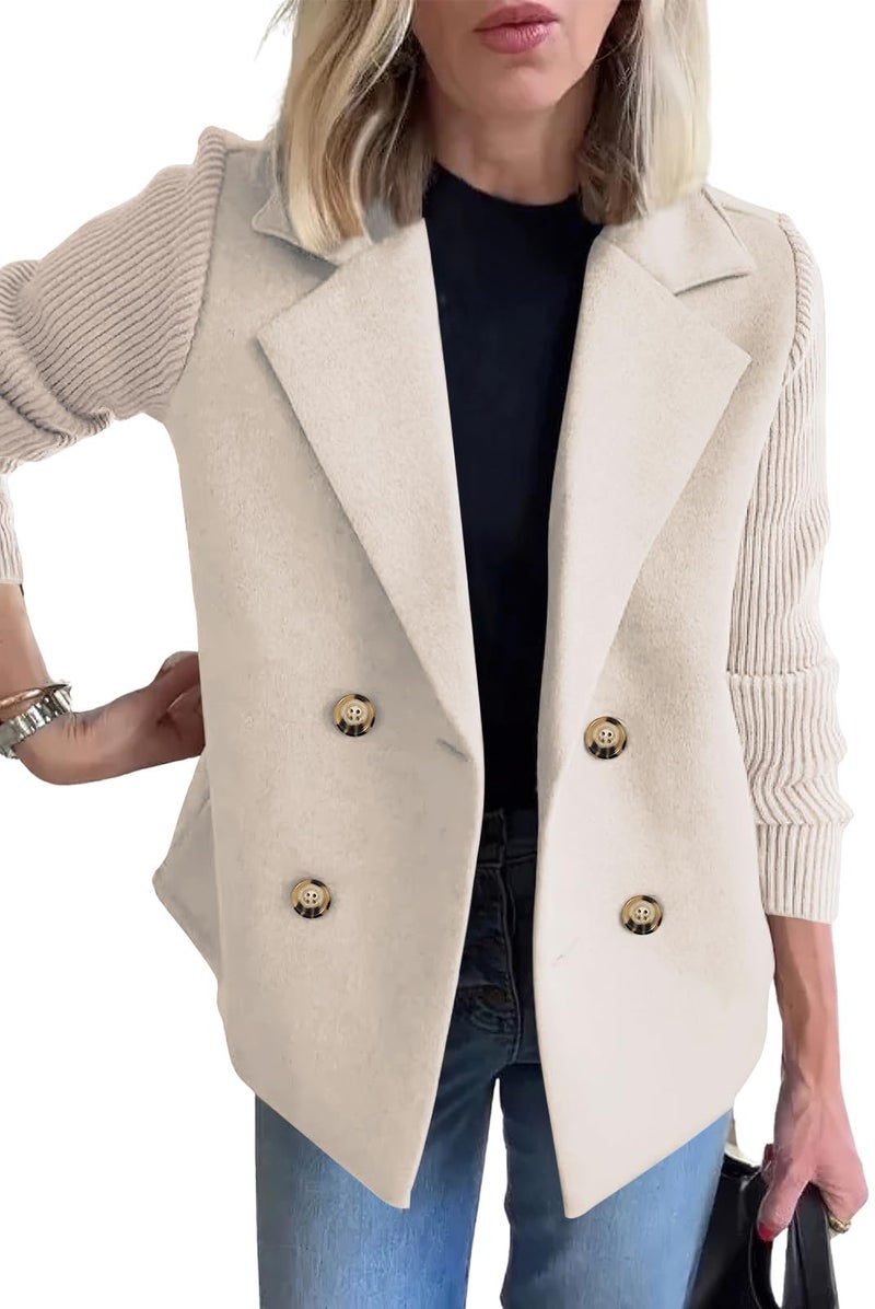 ebossy Women's Double Breasted Wool Pea Coat Notched Lapel Ribbed Knit Long Sleeve Sweater Short Blazer Jacket (M, Apricot) - Image 1