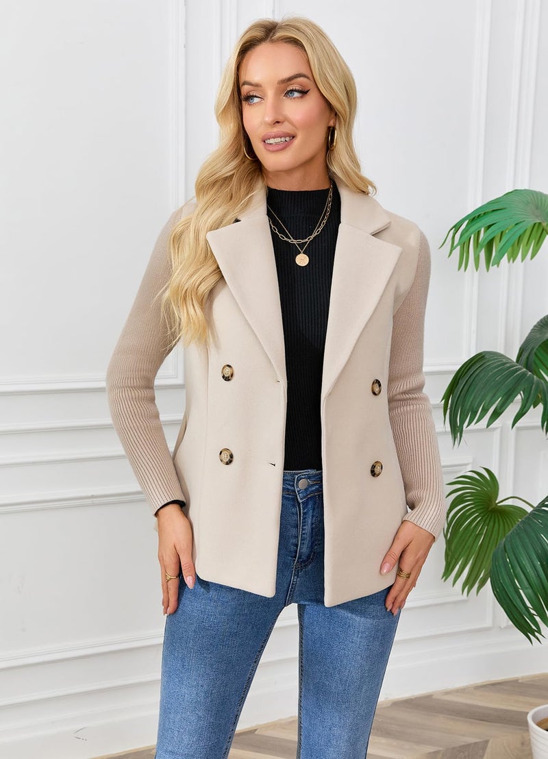 ebossy Women's Double Breasted Wool Pea Coat Notched Lapel Ribbed Knit Long Sleeve Sweater Short Blazer Jacket (M, Apricot) - Image 4